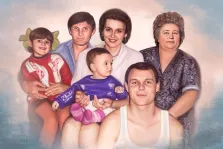 Семейный портрет Под масло: двое мужчин, двое детей, девушка и женщина изображены на нейтральном фоне, художник Павел 