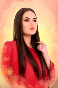 Женский портрет Под масло, кареглазая девушка с каштановыми прямыми волосами, одета в красное платье и изображена на светлом фоне, художник Софья 