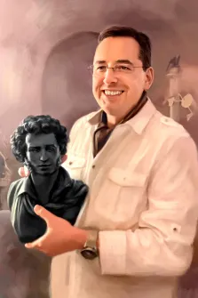 Портрет мужчины в белой куртке и в очках выполнен Под масло, в руках мужчина держит бюст А.С. Пушкина, художник Анастасия 