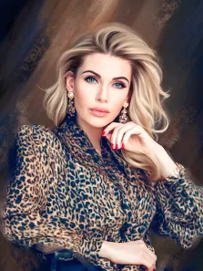 Портрет голубоглазой женщины блондинки в леопардовой блузке выполнен Под масло, художник Лариса