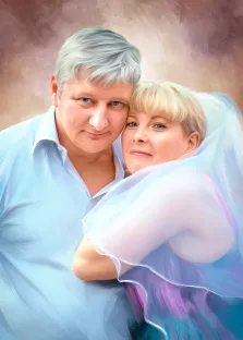 Парный портрет Под масло: голубоглазый мужчина в белой рубашке и женщина блондинка изображены на нейтральном фоне, художник Лариса