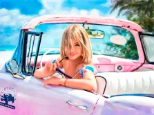 Портрет девушки блондинки с причёской "Каре" за рулём розового кабриолета выполнен Под масло, художник Артём