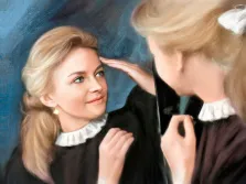 Женский портрет Под масло: голубоглазая девушка со светлыми волосами стоит перед зеркалом, художник Александра 