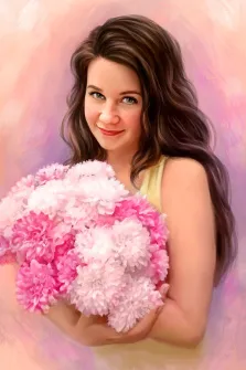 Женский портрет Под масло, девушка с волнистыми каштановыми волосами и с букетом цветов в руках на нейтральном фоне, художник Анастасия 