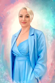 Портрет голубоглазой девушки блондинки с короткой стрижкой на цветном фоне выполнен Под масло, девушка одета в костюм небесного цвета, художник Софья 