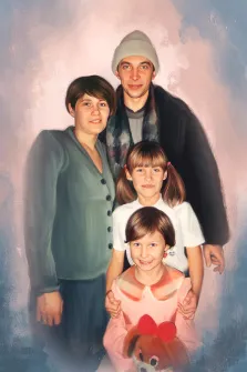 Семейный портрет Под масло: отец, мать и две дочки на нейтральном фоне, художник Павел 