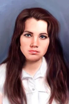 Женский портрет исполнен Под масло, голубоглазая девушка с красными волосами одета в белую рубашку, художник Александра 