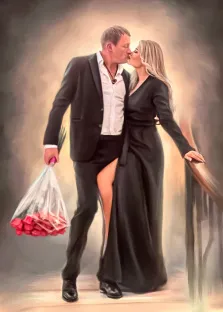 Парный портрет Под масло: мужчина с букетом роз и женщина в чёрном платье целуются на нейтральном фоне, художник Анастасия 