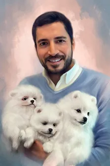 Портрет бородатого мужчины с тремя белыми щенками на руках, Под масло, художник Павел 
