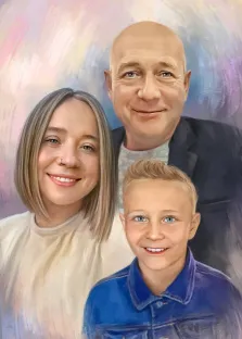 Семейный портрет Под масло из трёх человек на нейтральном светлом фоне, художник Анастасия 