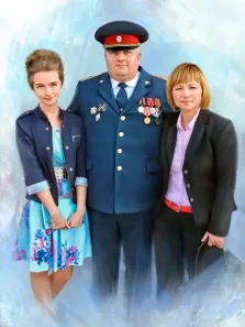 Семейный портрет Под масло: девушка голубом платье с узорами цветов, мужчина в полицейской парадной форме и женщина в строгом костюме с розовой рубашкой, художник Анастасия 