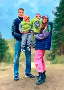 Отец и мать держат двоих детей на руках, молодая семья на природе, портрет Под масло, художник Анастасия 