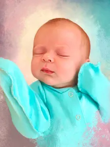 Портрет младенца в бирюзовой пелёнке выполнен Под масло, художник Софья 