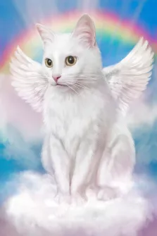 Портрет белой кошки с крыльями на фоне радуги, картина Под масло, художник Антонина