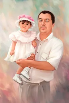 Голубоглазый мужчина в белой рубашке держит на руках маленькую дочку в белом платье и шляпке, семейный портрет Под масло, художник Анастасия 