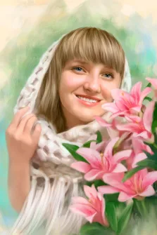 Портрет русоволосой девушки в белом платке и с букетом цветов, картина Под масло, художник Анастасия 