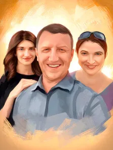 Семейный портрет Под масло, мужчина с женой и взрослой дочкой на ярком жёлтом фоне, художник Александра 