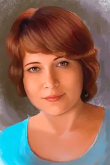 Женский портрет Под масло: рыжеволосая девушка в голубой блузке и с короткой стрижкой изображена на нейтральном сером фоне, художник Софья 