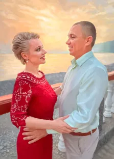 Парный портрет Под масло: мужчина в светлой классической рубашке и женщина в красном платье стоят на набережной, художник Анастасия