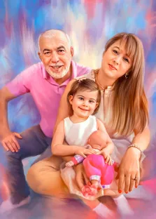 Семейный портрет Под масло из трёх человек на ярком праздничном фоне в розовых и голубых тонах, художник Анастасия 