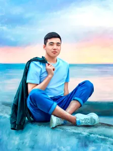 Портрет молодого человека в голубой рубашке и синих джинсах на фоне моря, работа выполнена в стиле Под масло, художник Артём