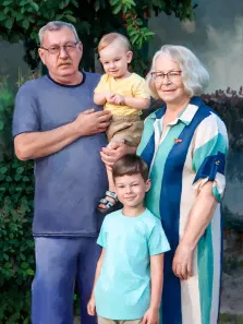 Семейный портрет на четыре лица выполнен в стиле Под масло, художник Софья 