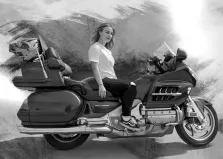 Портрет девушки на мотоцикле выполнен в стиле Под масло черно-белыми красками, художник Лариса