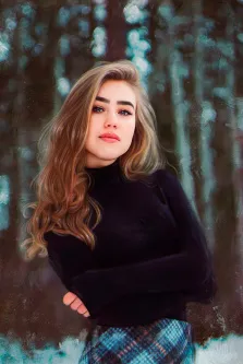 Портрет девушки на фоне зимнего леса выполнен Под масло, художник Виктория 