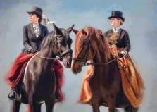 Женский портрет Под масло: две девушки верхом на конях в классических костюмах, художник Александра 