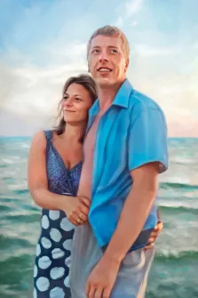 Парный портрет Под масло: девушка обнимает молодого человека в синей расстёгнутой рубашке, пара стоит на фоне моря, художник Анастасия 