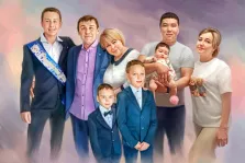 Семейный портрет из восьми человек Под масло: пятеро взрослых и трое детей на нейтральном цветном фоне, художник Анастасия 