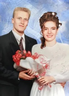 Парный свадебный портрет Под масло, на голубом фоне, художник Александра 