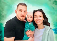 Семейный портрет Под масло: отец и мать держат на руках маленького ребёнка, художник Мария  