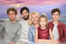 Семейный портрет Под масло: пять человек на фоне заката, художник Александра 