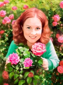 Портрет зеленоглазой девушки с красными волосами с букетом роз в руках, портрет стилизован Под масло, художник Софья 