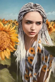 Портрет светловолосой девушки на фоне поля подсолнухов выполнен в стиле Под масло, художник Александра 