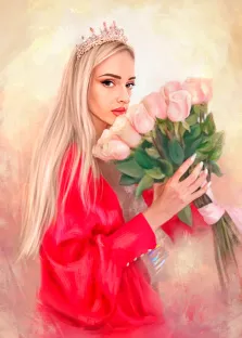 Женский портрет Под масло: кареглазая девушка-блондинка в красном платье держит в руках букет роз, художник Анастасия 