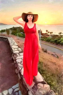Девушка в красном платье и соломенной шляпе изображена на фоне моря, работа выполнена Под масло, художник Артём