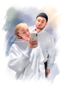 Парный портрет Под масло: молодой человек человек и девушка в белых кофтах на светлом фоне, художник Евгения 
