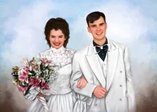 Парный свадебный портрет Под масло: молодой человек в белом классическом костюме с чёрной рубашкой и девушка в белом свадебном платье с букетом в руках, фон выполнен в нейтральных светлых тонах, художник Виктория 