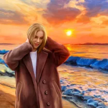 Портрет девушки в пальто на фоне моря, стиль Под масло, художник Александра 