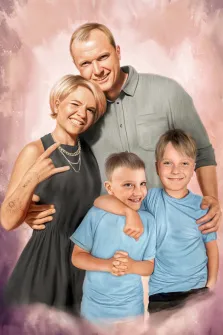 Семейный портрет Под масло из четырёх человек на нейтральном светлом фоне, художник Мария 