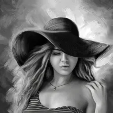 Портрет девушки в шляпе в чёрно-белых тонах выполнен в стиле Под масло, художник Юлия 