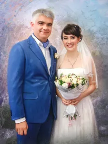 Парный свадебный портрет Под масло: мужчина в классическом синем костюме и девушка в белом свадебном платье с букетом в руках, художник Александра 