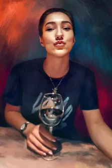 Портрет девушки с короткой стрижкой с бокалом вина, портрет выполнен в стиле Под масло, художник Анастасия 