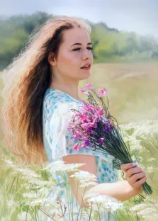 Женский портрет Под масло - девушка в поле с букетом цветов, художник Антонина