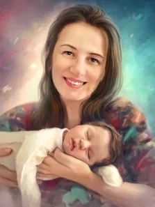 Портрет женщины с младенцем на ярком фоне в стиле Под масло, художник Анастасия 