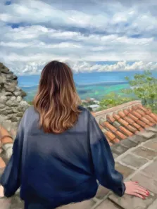 Девушка сидит на горе с видом на море, картина в стиле Под масло, художник Анастасия 