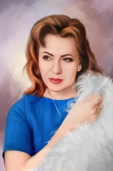 Женский портрет Под масло: женщина с волнистыми русыми волосами, одетая в синее платье изображена на абстрактном фоне, художник Анна
