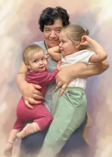 Семейный портрет Под масло: бабушка с двумя внучками на нейтральном светлом фоне, художник Анастасия 